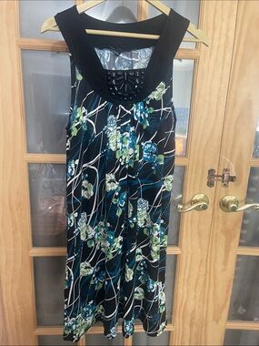 138. Notations Black Maxi Dress with Blue & Green Floral Print